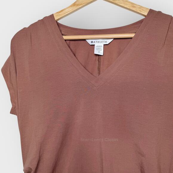 Athleta Outbound V Neck Top Small Rustic Beige Cap Sleeve Ruched Stretch - Picture 3 of 6